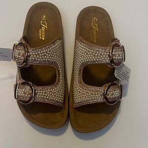 Pearl-Studded Brown Slide Sandals with Buckles - Women's